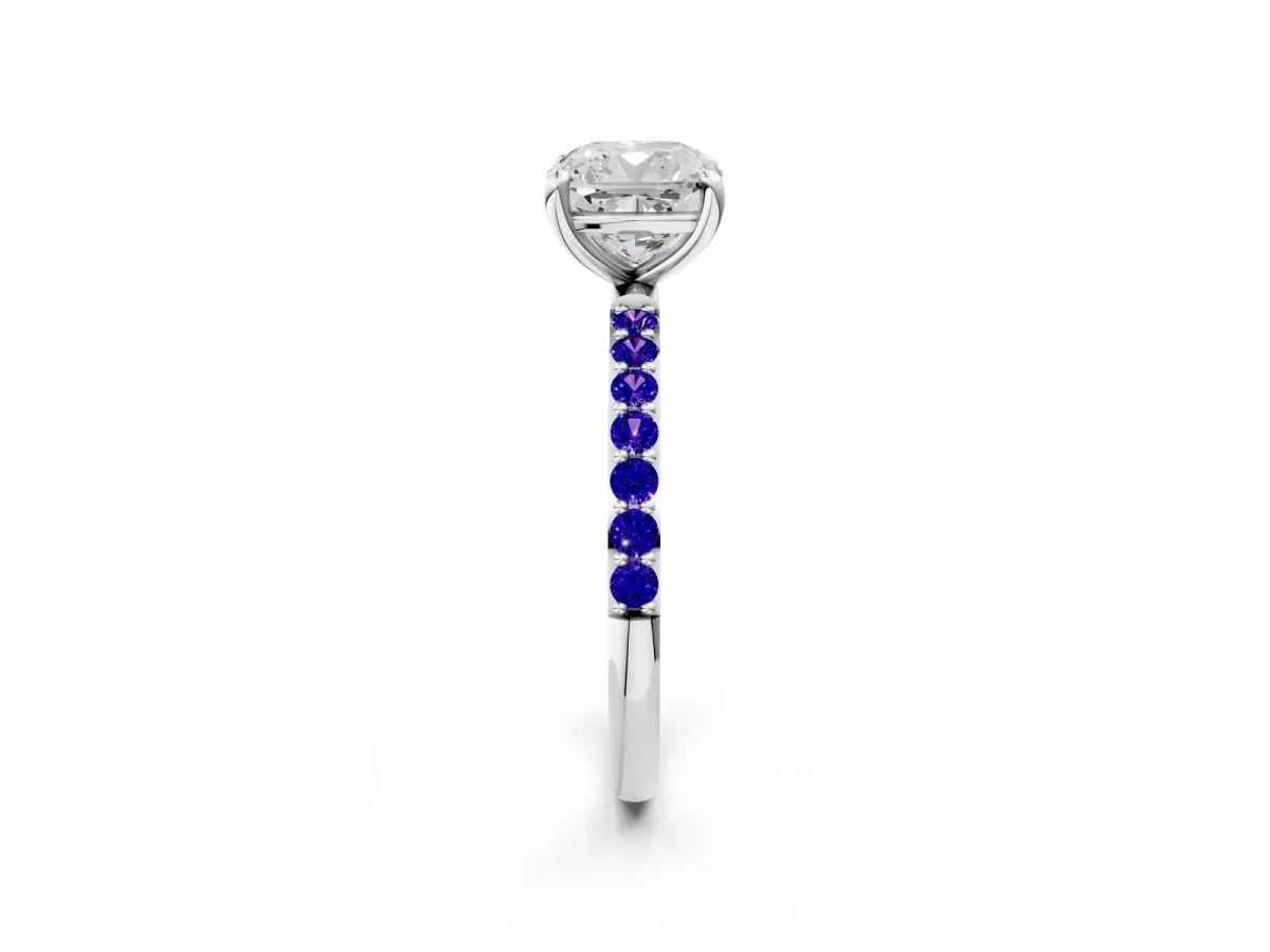 Cushion Cut Diamond Solitaire Ring with Round Tanzanite Pavé Band and Prong Setting Silver