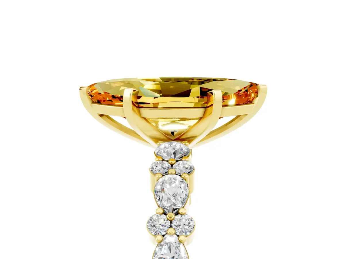 Marquise Cut Citrine Side Stone Solitaire Ring with Round and Four-Prong Setting Yellow gold