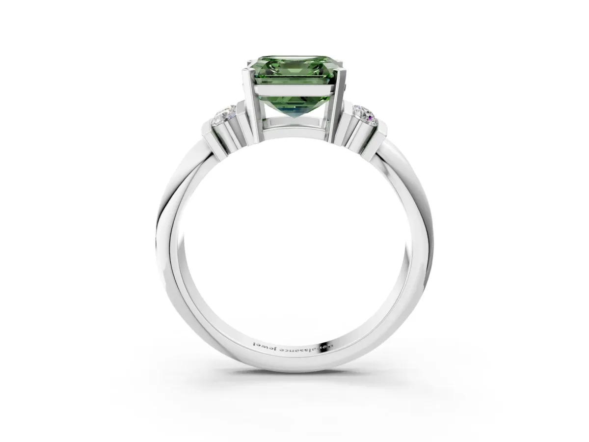 Fancy Green Asscher Cut Cut Three-Stone Channel Set Ring with Bar Prongs Platinum