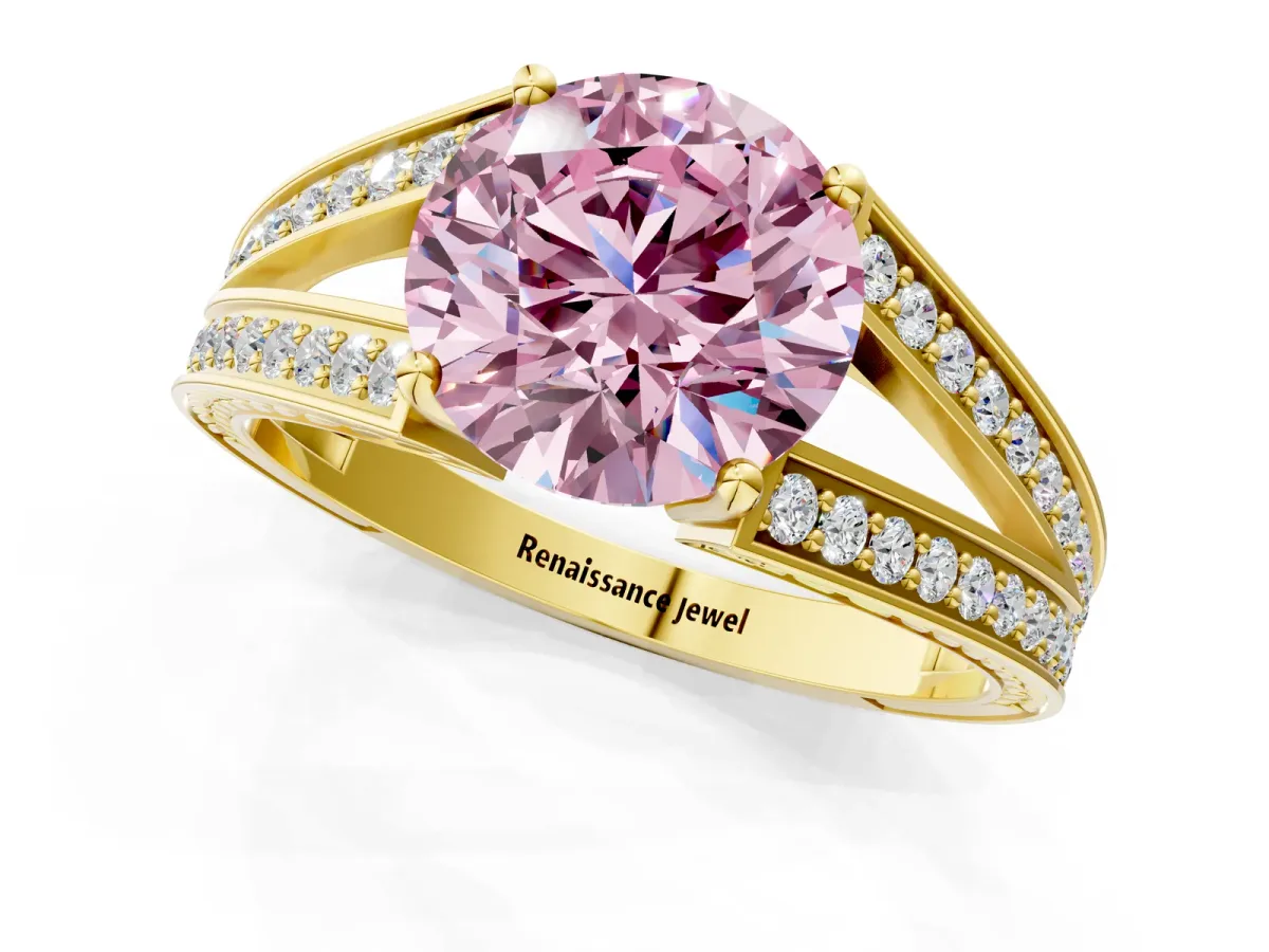 Fancy Pink Round Cut Diamond Split Shank Ring with Pavé Band and Four-Prong Setting Yellow gold