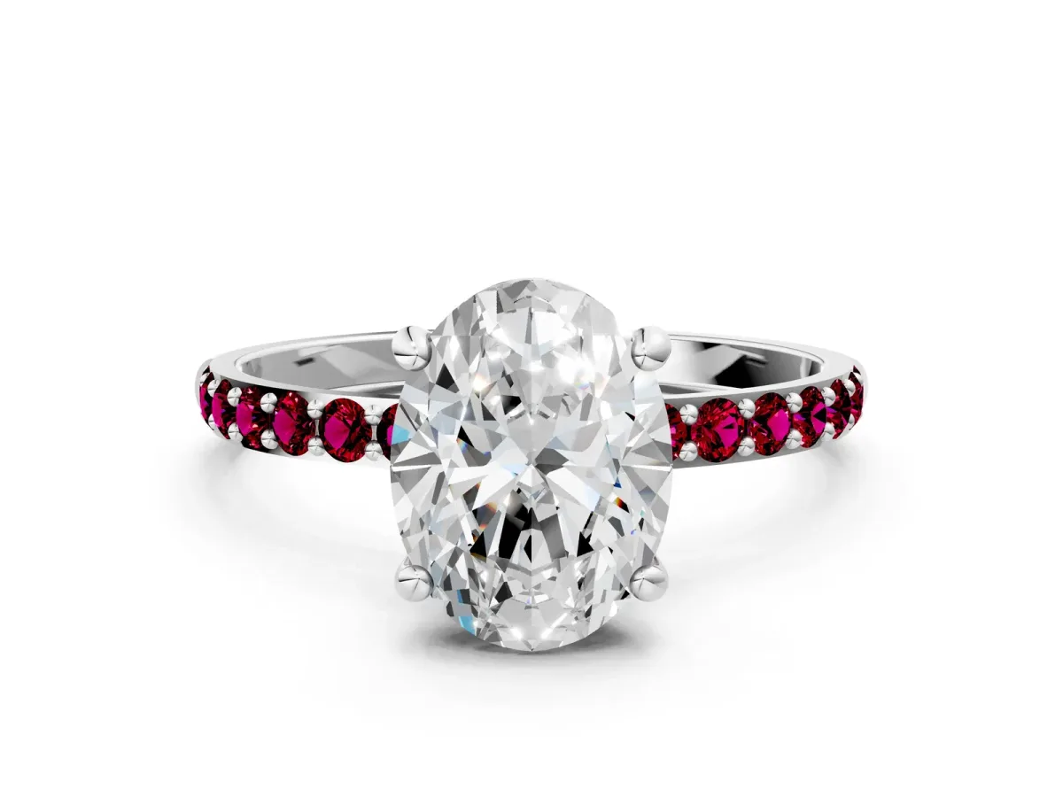 Oval Cut Diamond Solitaire Ring with Round Garnet Pavé Band and Prong Setting Silver