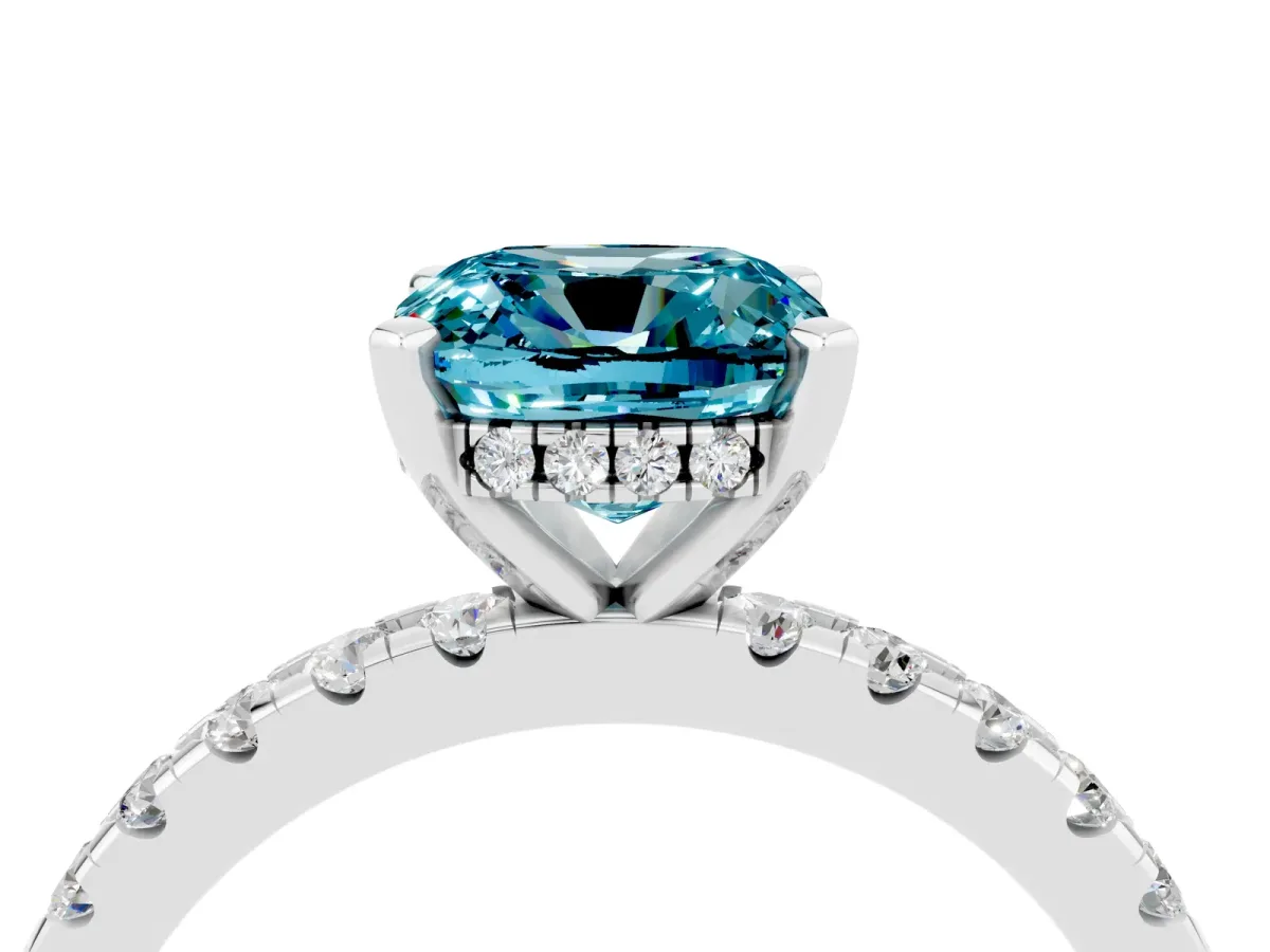 Cushion Cut Blue Topaz Solitaire Ring with Round Pavé Band and Four-Prong Setting Silver