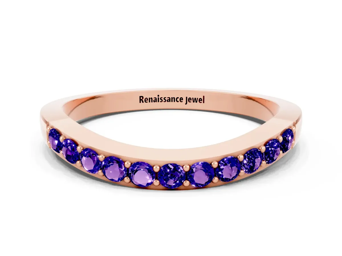 Round Tanzanite Curved Wedding Band with Channel Setting Rose gold