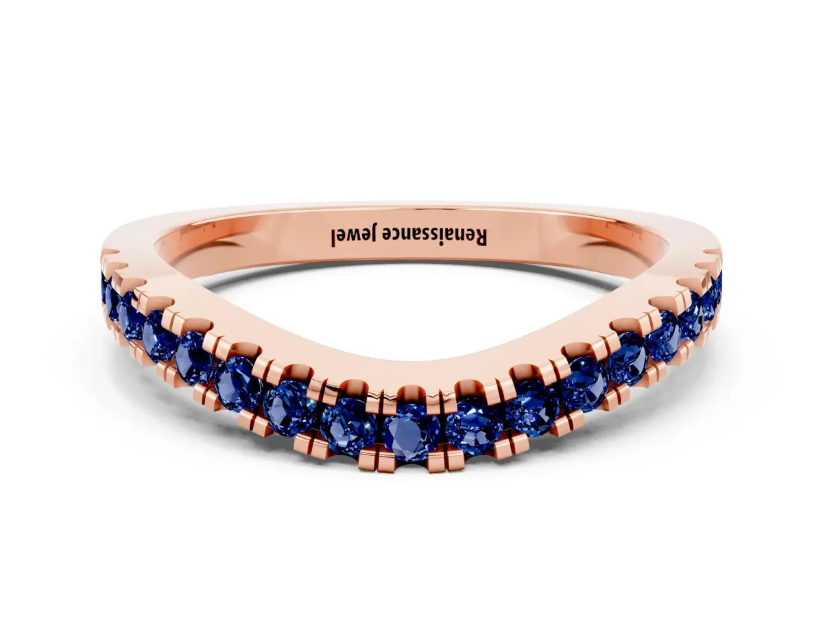 Round Blue Sapphire Pavé Curved Band with Shared Prong Setting Rose gold