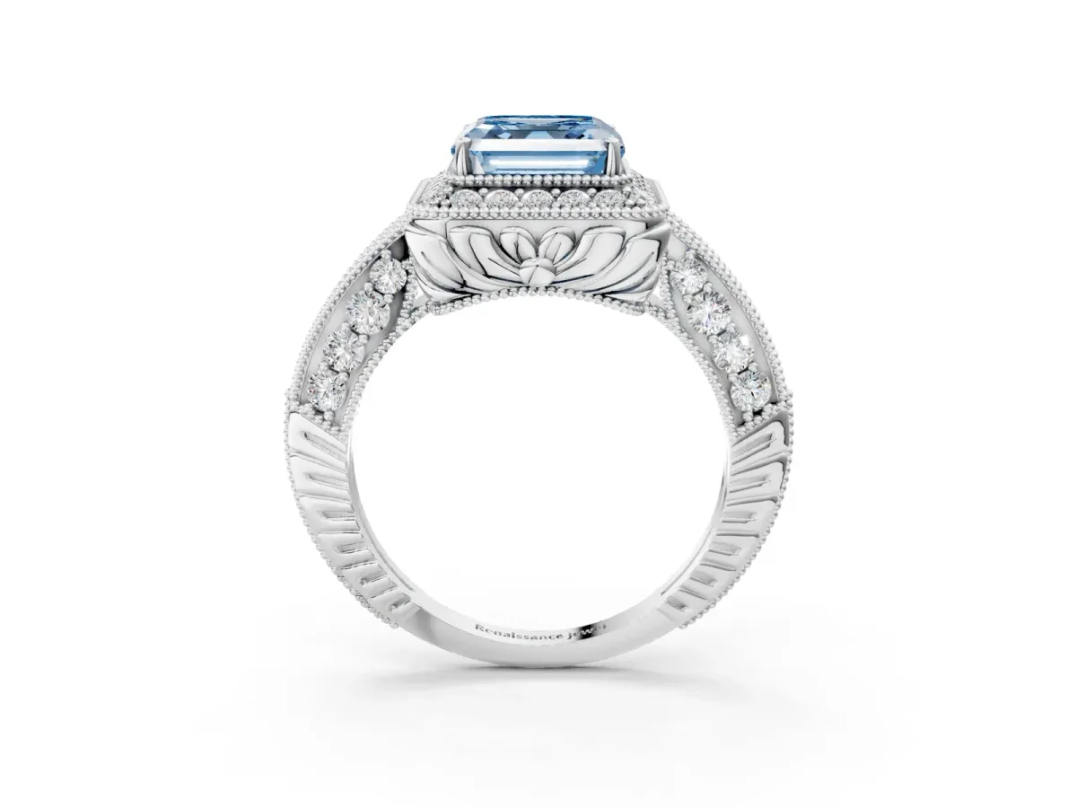 Fancy Blue Asscher Cut Halo Diamond Split Shank Ring with Milgrain Detail Platinum