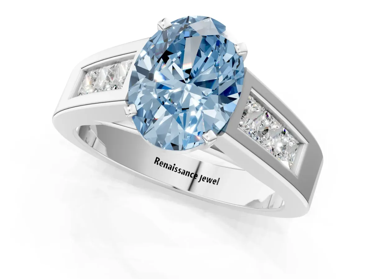 Fancy Blue Oval Cut Cut Channel Set Solitaire Ring with Four-Prong Setting White gold