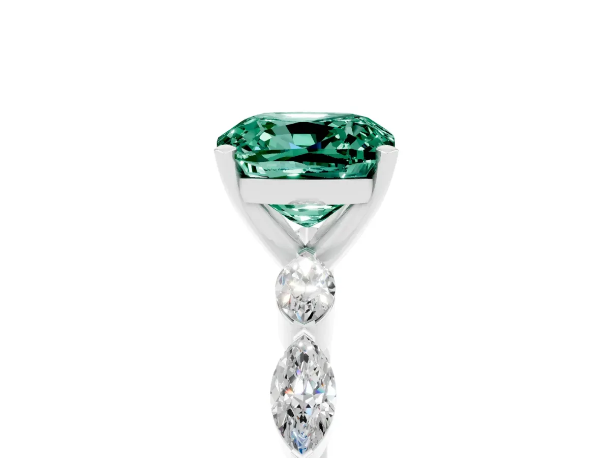 Cushion Cut Green Sapphire Ring with Marquise Side Stones and Prong Setting Platinum