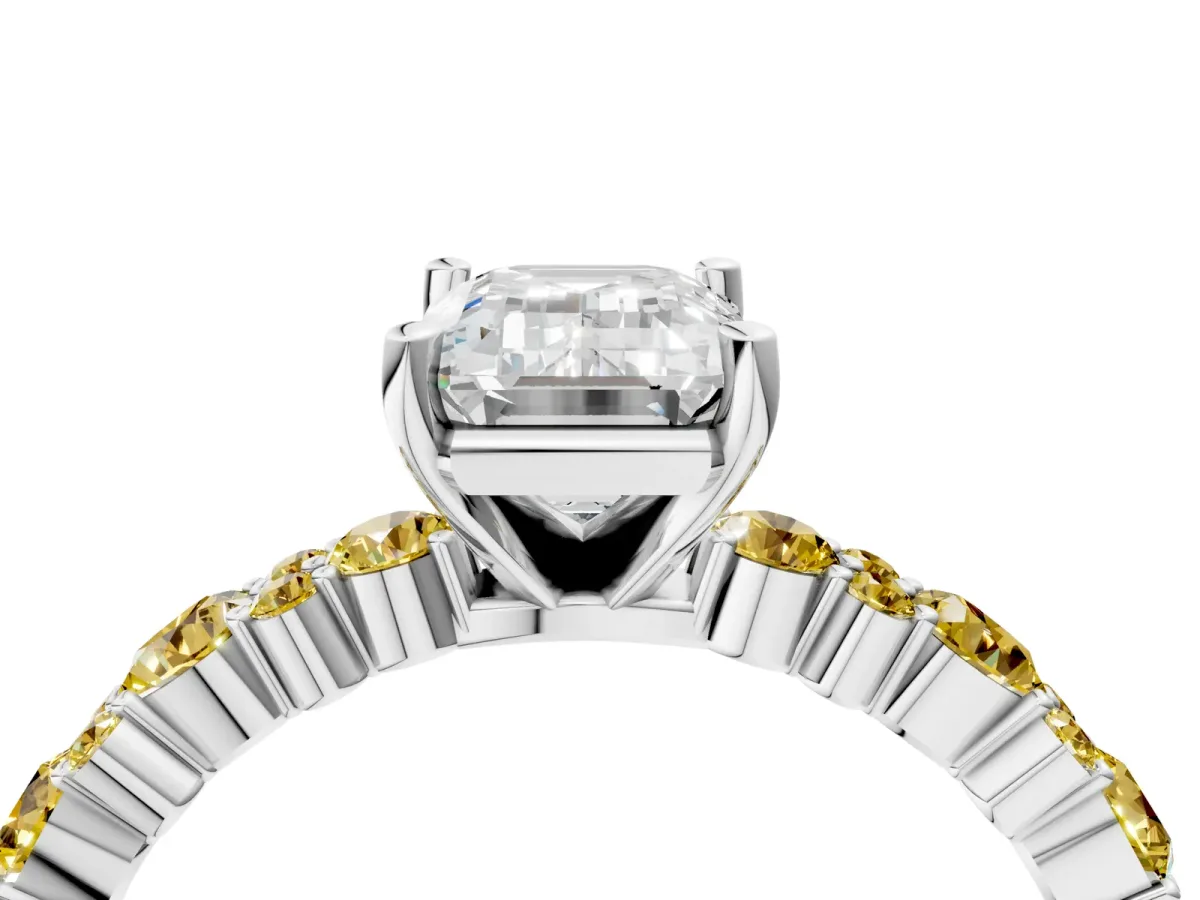 Emerald Cut Diamond Side Stone Solitaire Ring with Round Yellow Sapphire and Four-Prong Setting Platinum