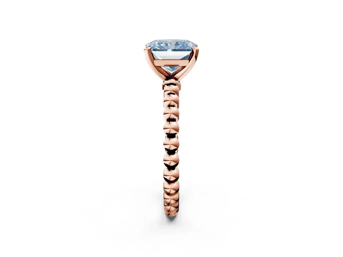 Fancy Blue Radiant Cut Diamond Solitaire Ring with Beaded Band and Prong Setting Rose gold