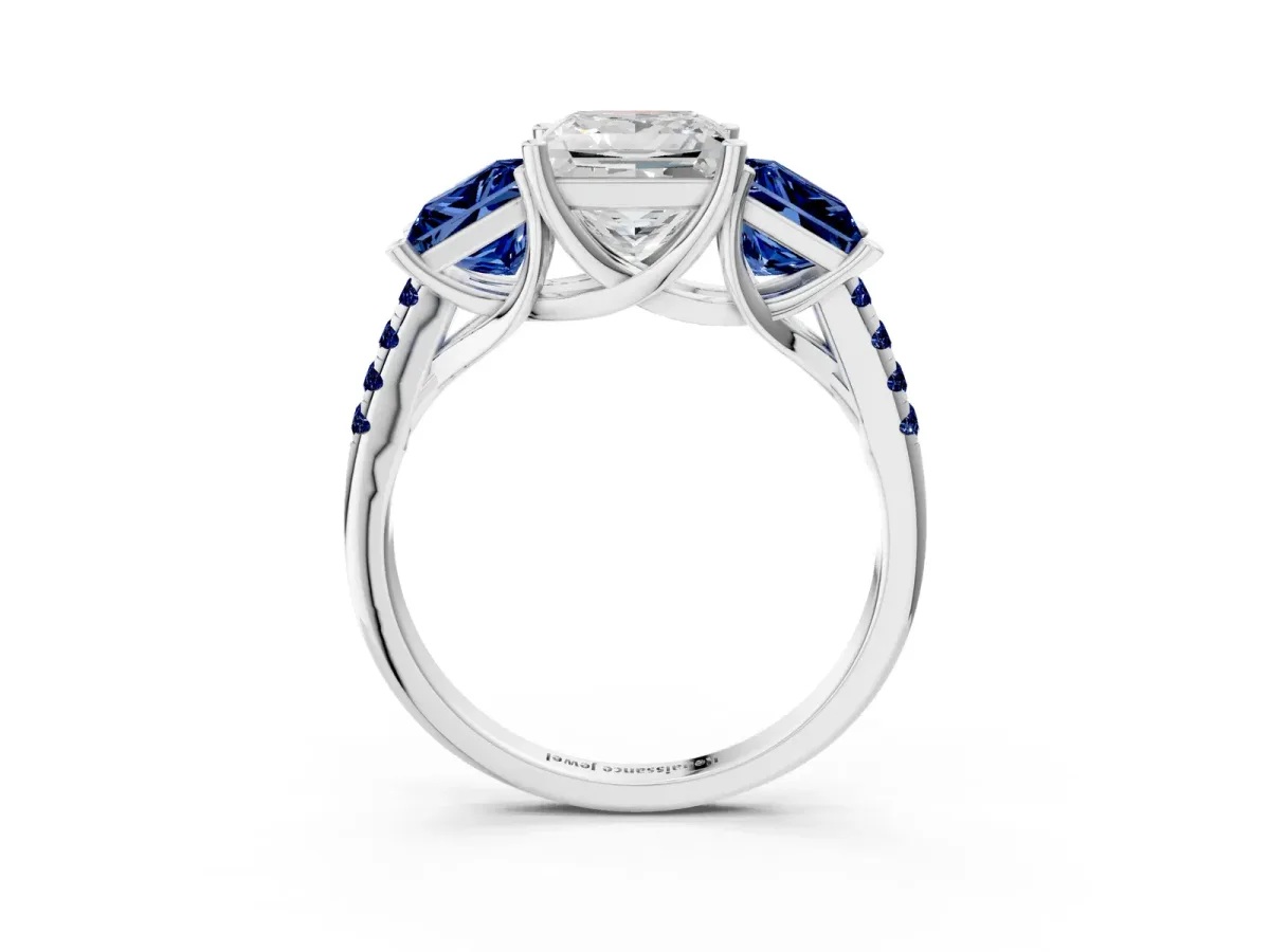 Three-Stone Princess Cut Diamond Ring with Round Blue Sapphire Pavé Band and Prong Setting Silver