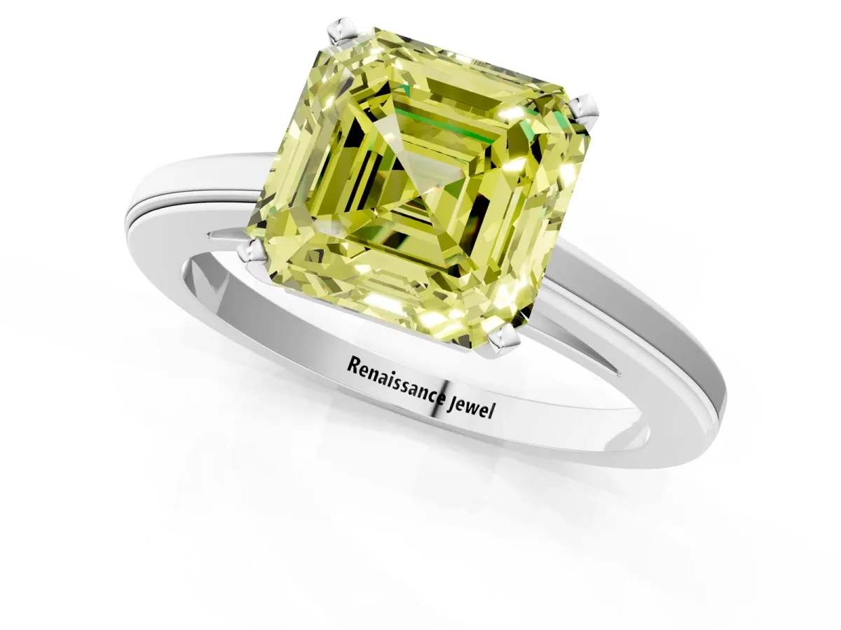 Fancy Yellow Asscher Cut Solitaire Diamond Ring with Four-Prong Setting and Classic Band Platinum