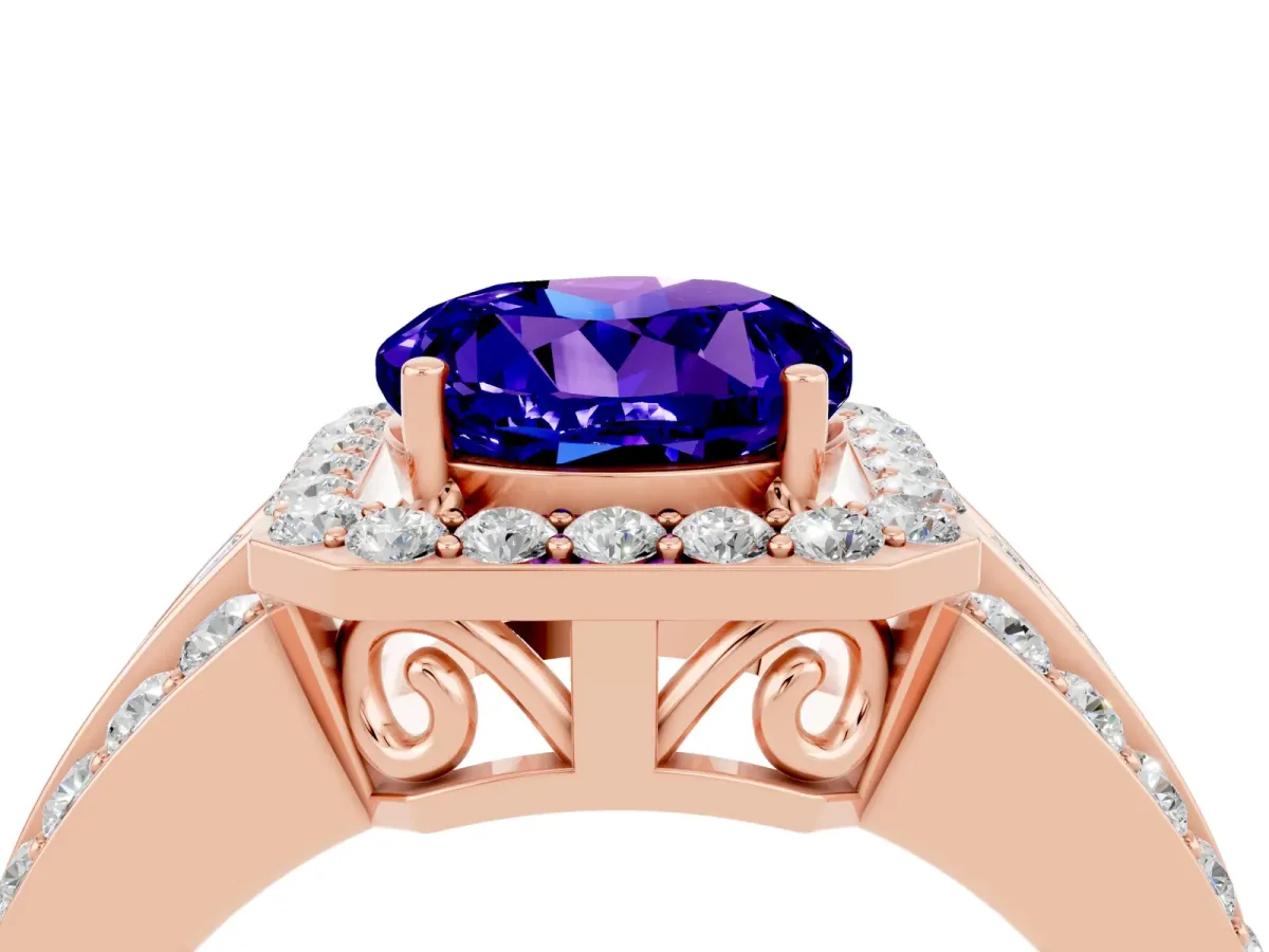 Round Cut Halo Tanzanite Ring with Round Split Shank and Prong Setting Rose gold