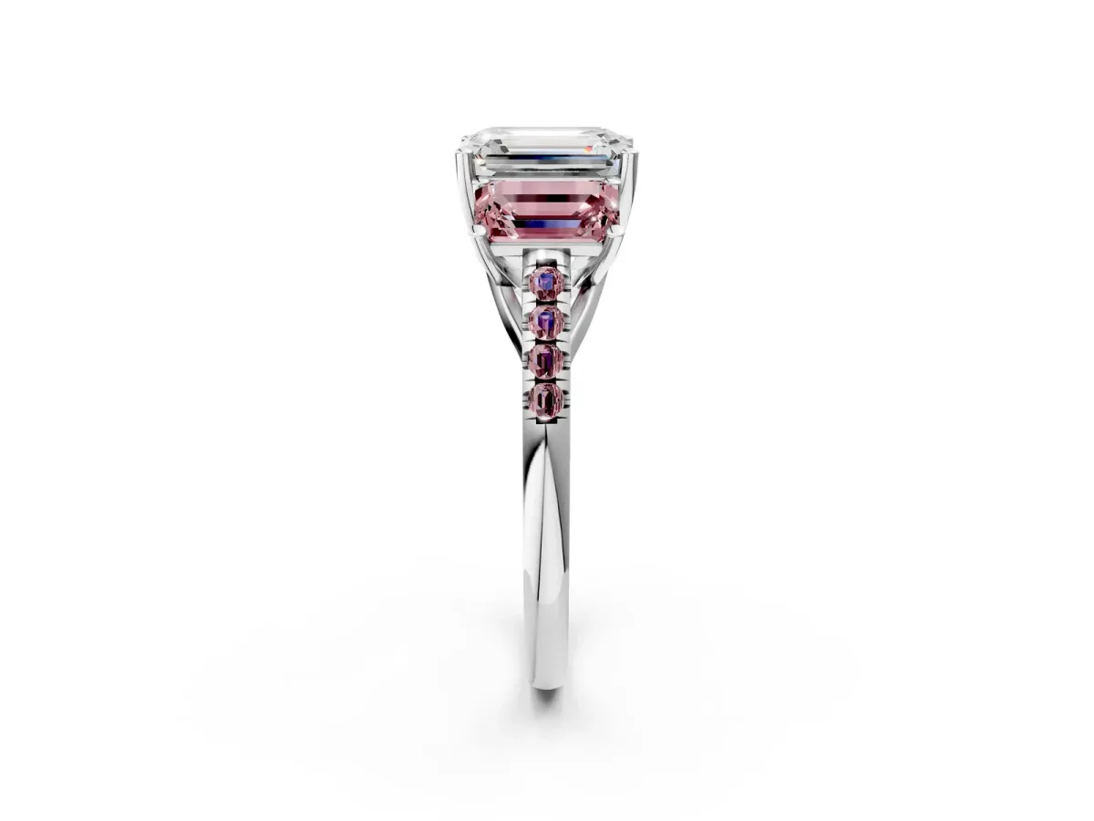 Three-Stone Emerald Cut Diamond Ring with Round Morganite Pavé Band and Prong Setting Silver