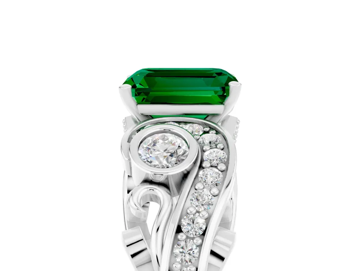 Emerald Cut Emerald Solitaire Ring with Milgrain Pavé Band and Four-Prong Setting Silver