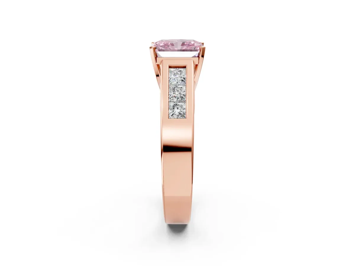 Fancy Pink Radiant Cut Cut Channel Set Solitaire Ring with Four-Prong Setting Rose gold