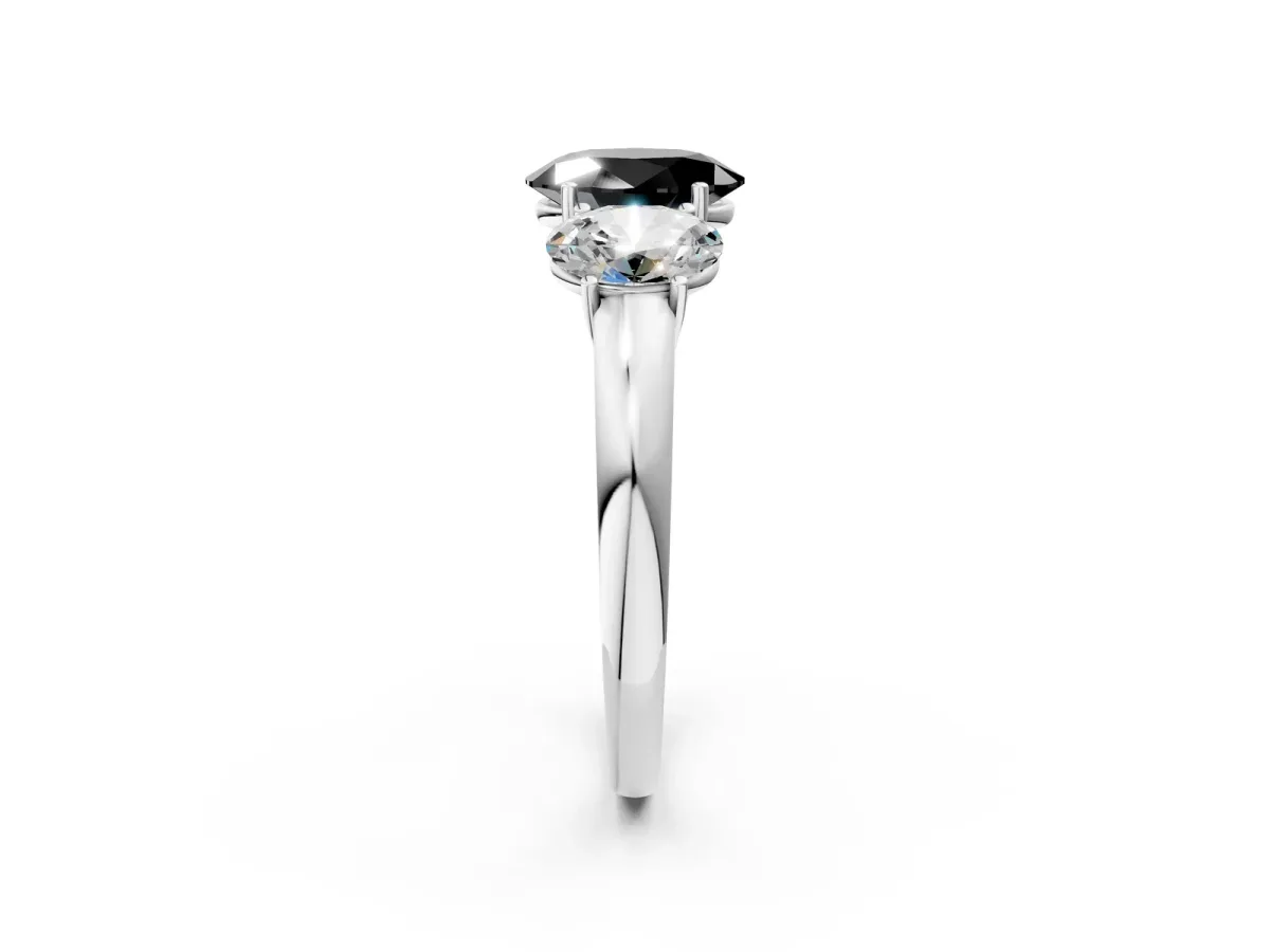 Fancy Black Oval Cut Diamond Three-Stone Ring with Four-Prong Setting and Classic Band White gold