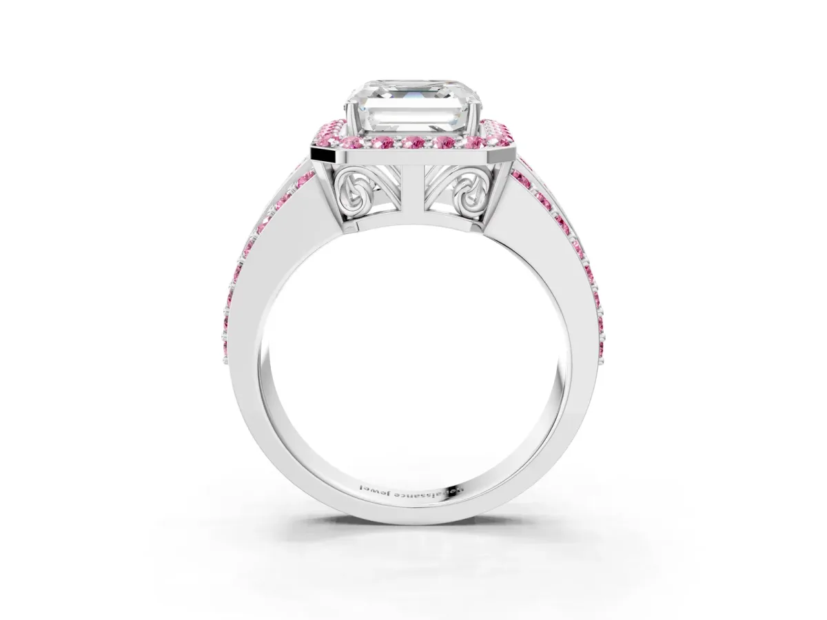 Asscher Cut Halo Diamond Ring with Round Pink Sapphire Split Shank and Prong Setting Silver