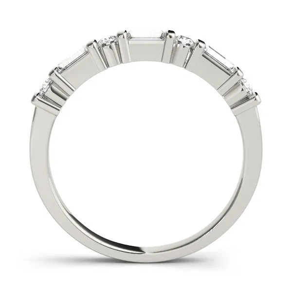 Baguette and Round Diamond Channel Set Half Eternity Band with Bar Prong Setting Silver