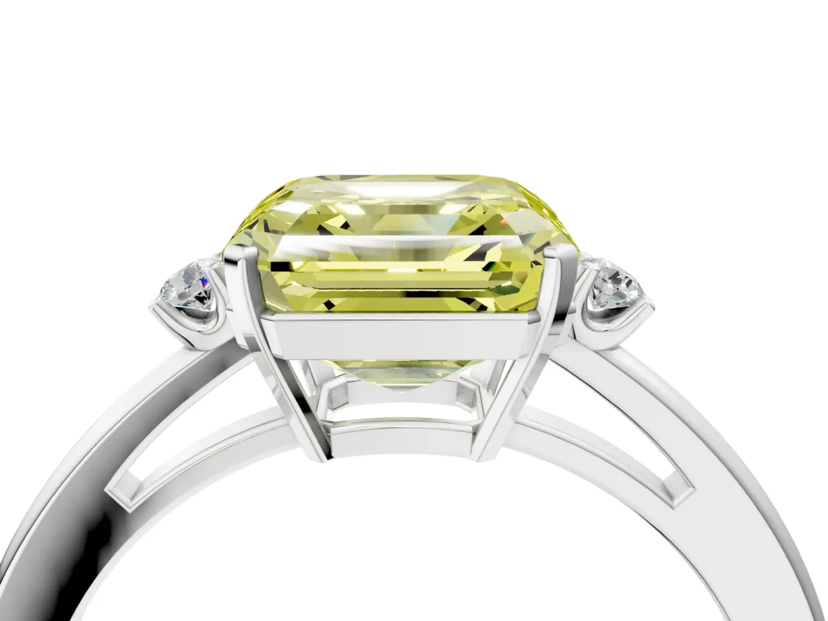 Fancy Yellow Asscher Cut Cut Three-Stone Solitaire Ring with Round Accent Diamonds and Four-Prong Setting Platinum