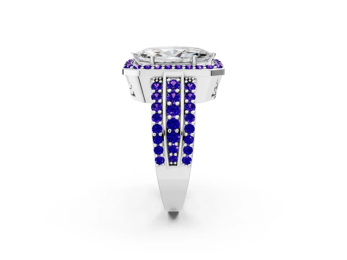 Marquise Cut Halo Diamond Ring with Round Tanzanite Split Shank and Prong Setting Silver