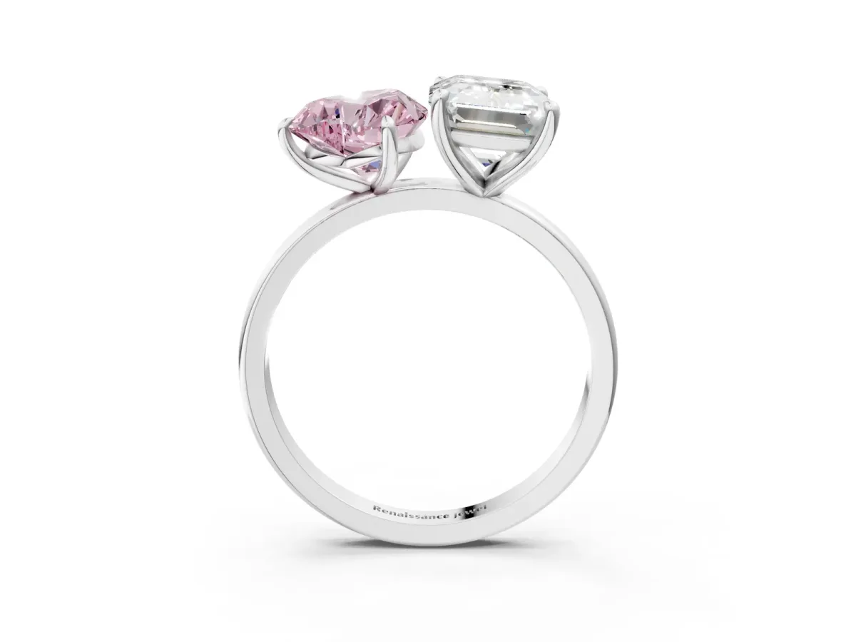Fancy Pink Heart Cut and Emerald Cut Toi Moi Ring with Prong Setting White gold