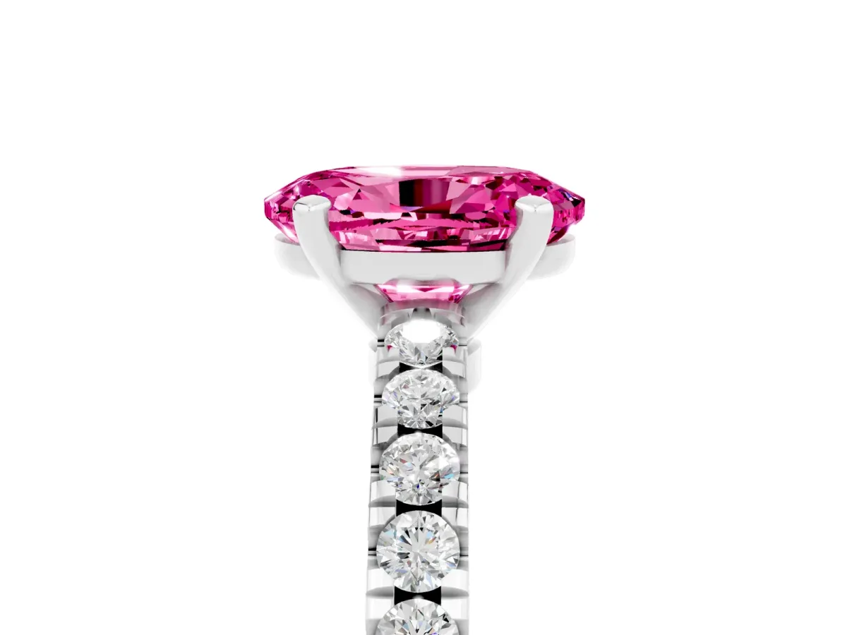 Oval Cut Solitaire Pink Sapphire with Pavé Band and Four-Prong Setting Silver