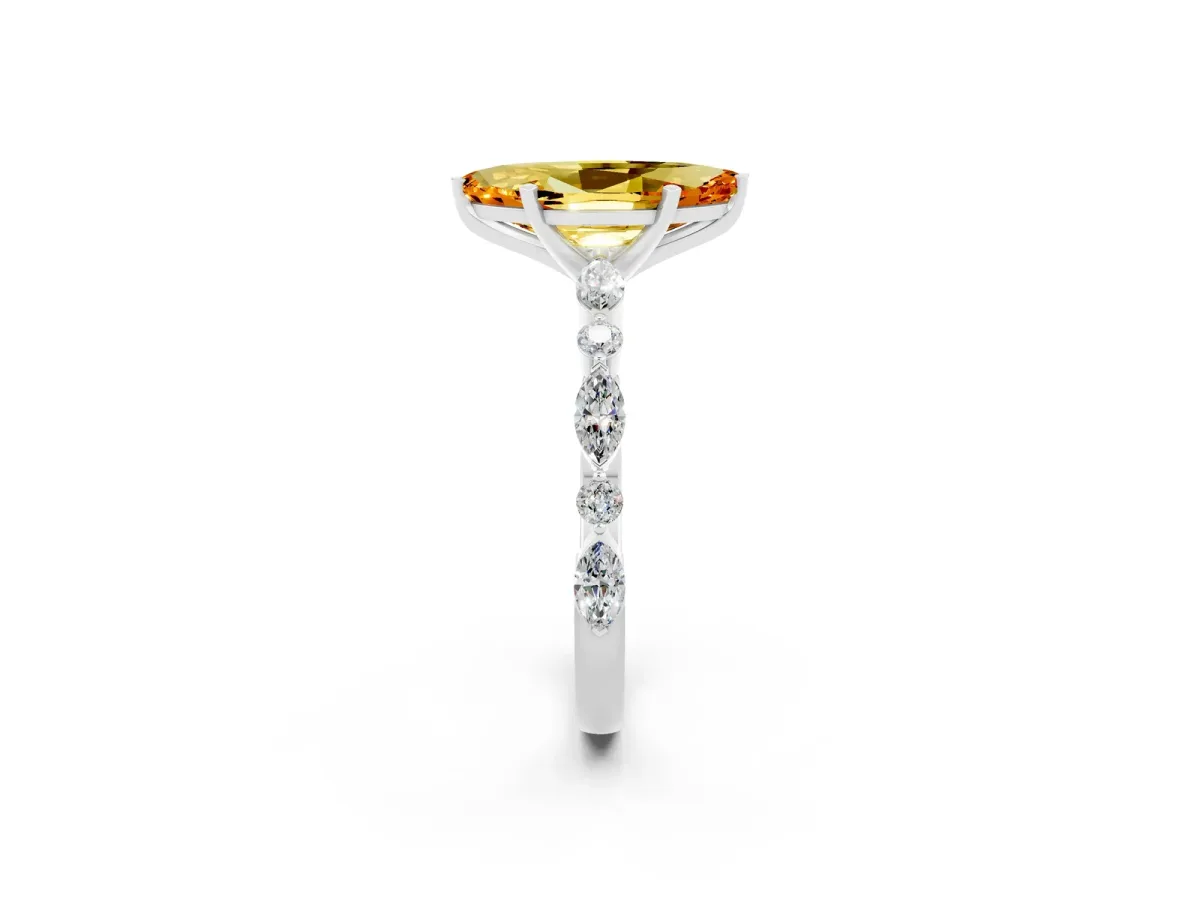 Marquise Cut Citrine Ring with Marquise and Round Side Stones and Four-Prong Setting Silver