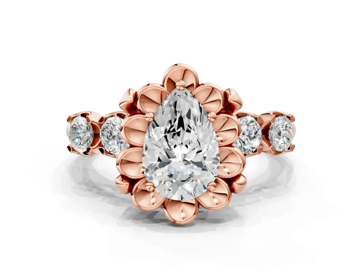 Pear Cut Cut Diamond Floral Halo Engagement Ring with Shared Prong Setting Rose gold