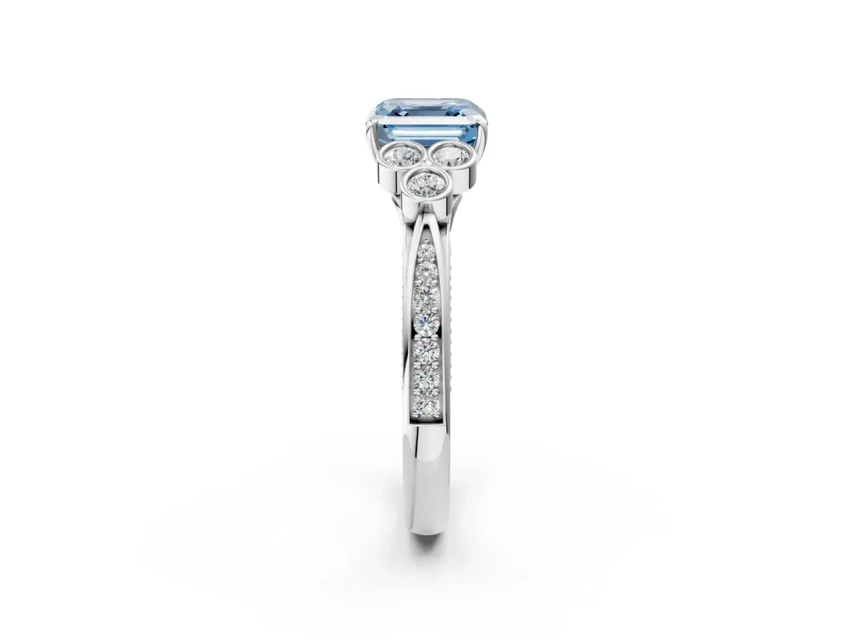 Fancy Blue Asscher Cut Cut Diamond Engagement Ring with Bezel Set Round Side Stones and Prong Setting Platinum