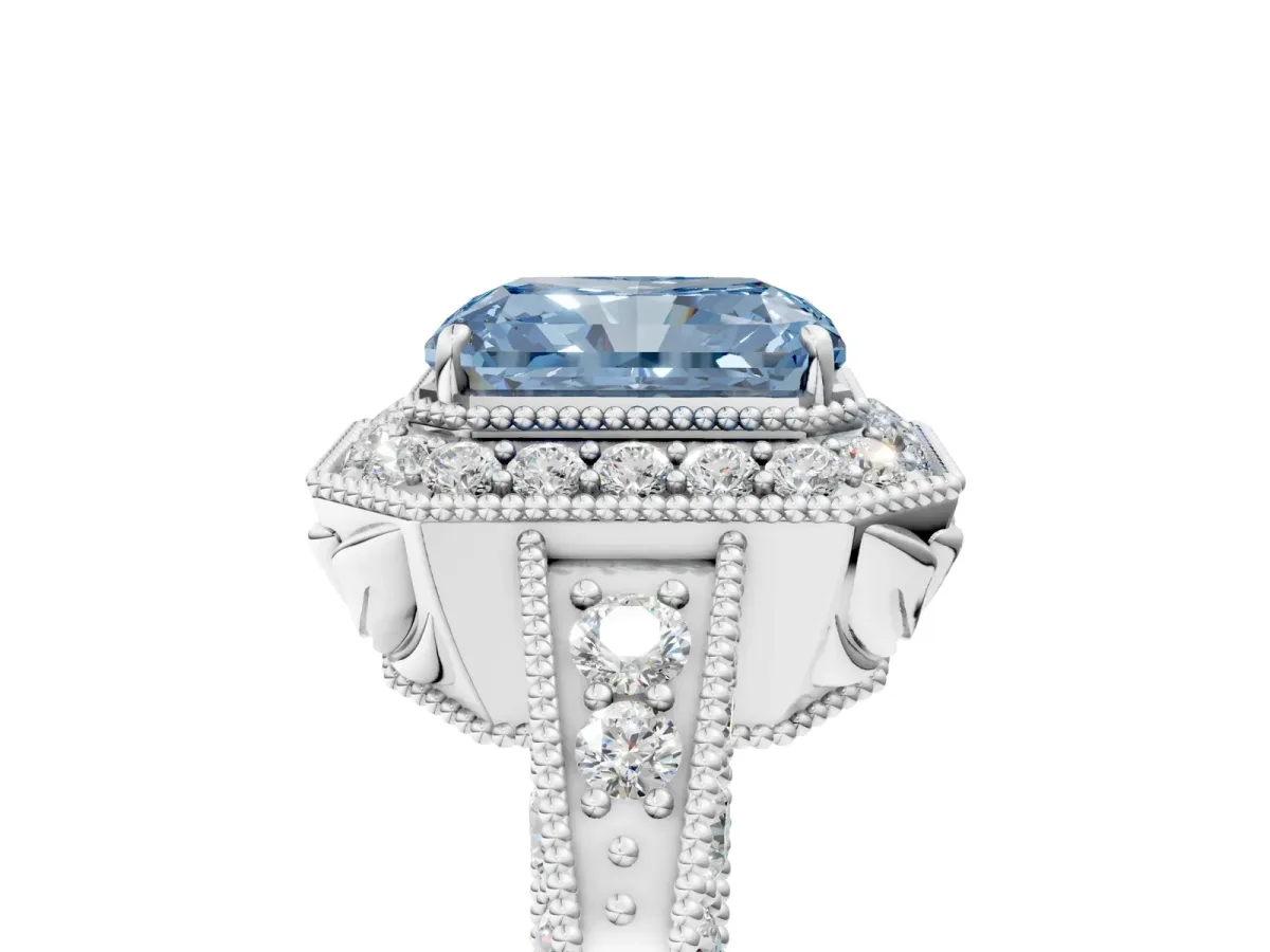 Fancy Blue Radiant Cut Halo Diamond Split Shank Ring with Milgrain Detail Platinum