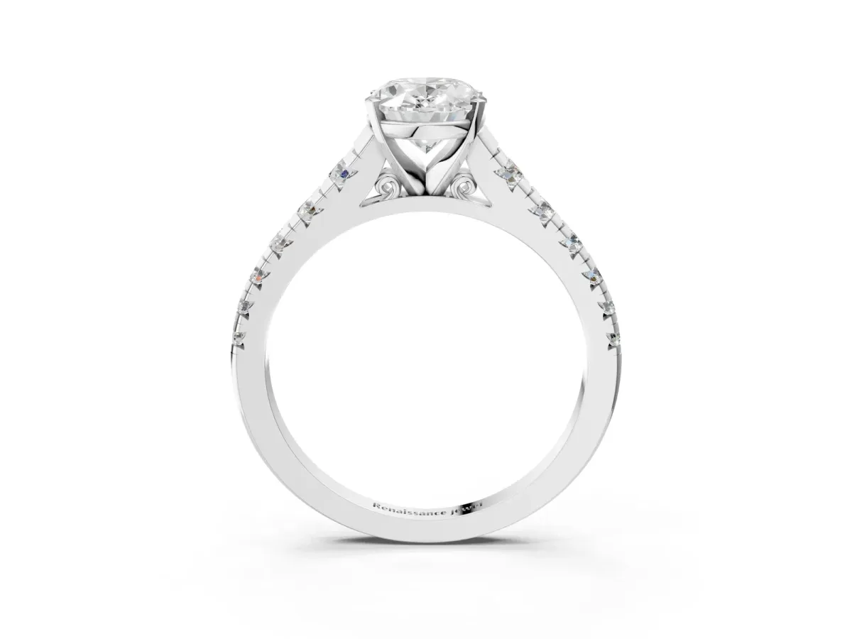 Oval Cut Diamond Cathedral Solitaire Ring with Round Moissanite Pavé Band Silver