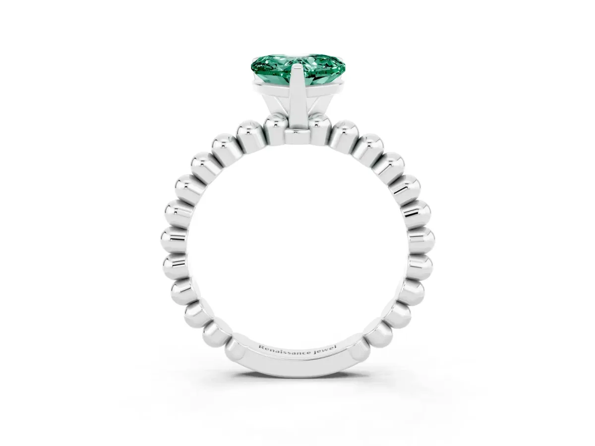 Heart Cut Green Sapphire Solitaire Ring with Beaded Band and Prong Setting Silver