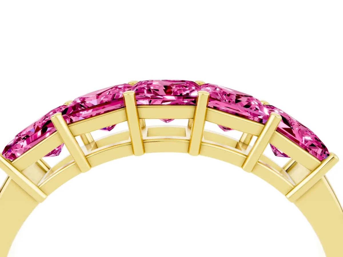 Princess Cut Five-Stone Pink Sapphire Band with Prong Setting Yellow gold