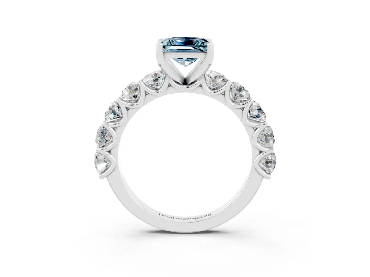 Princess Cut Aquamarine Prong Setting with Side Stones on a Pave Band Silver