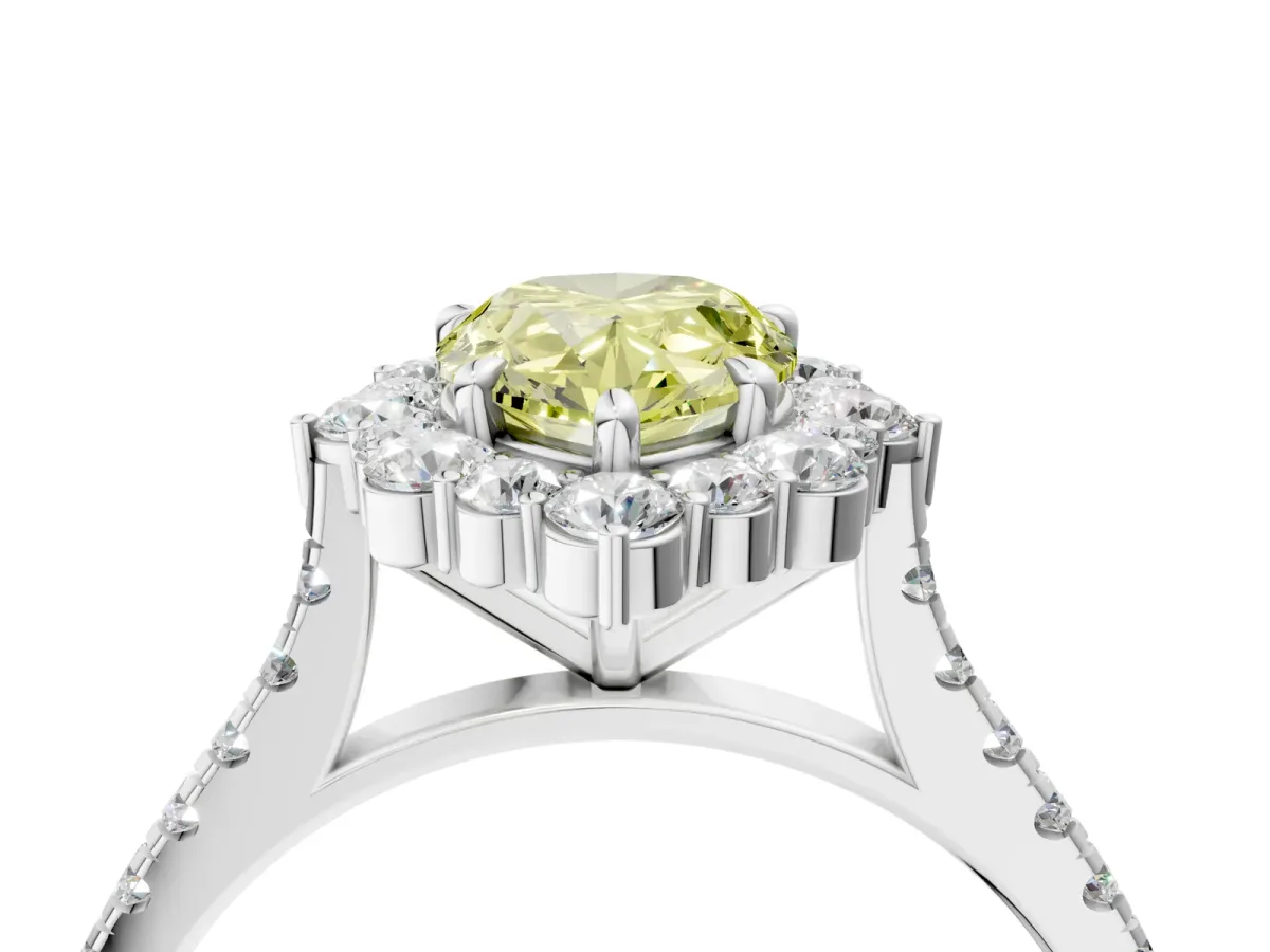 Fancy Yellow Pear Cut Halo Diamond Ring with Pavé Band and Prong Setting Silver