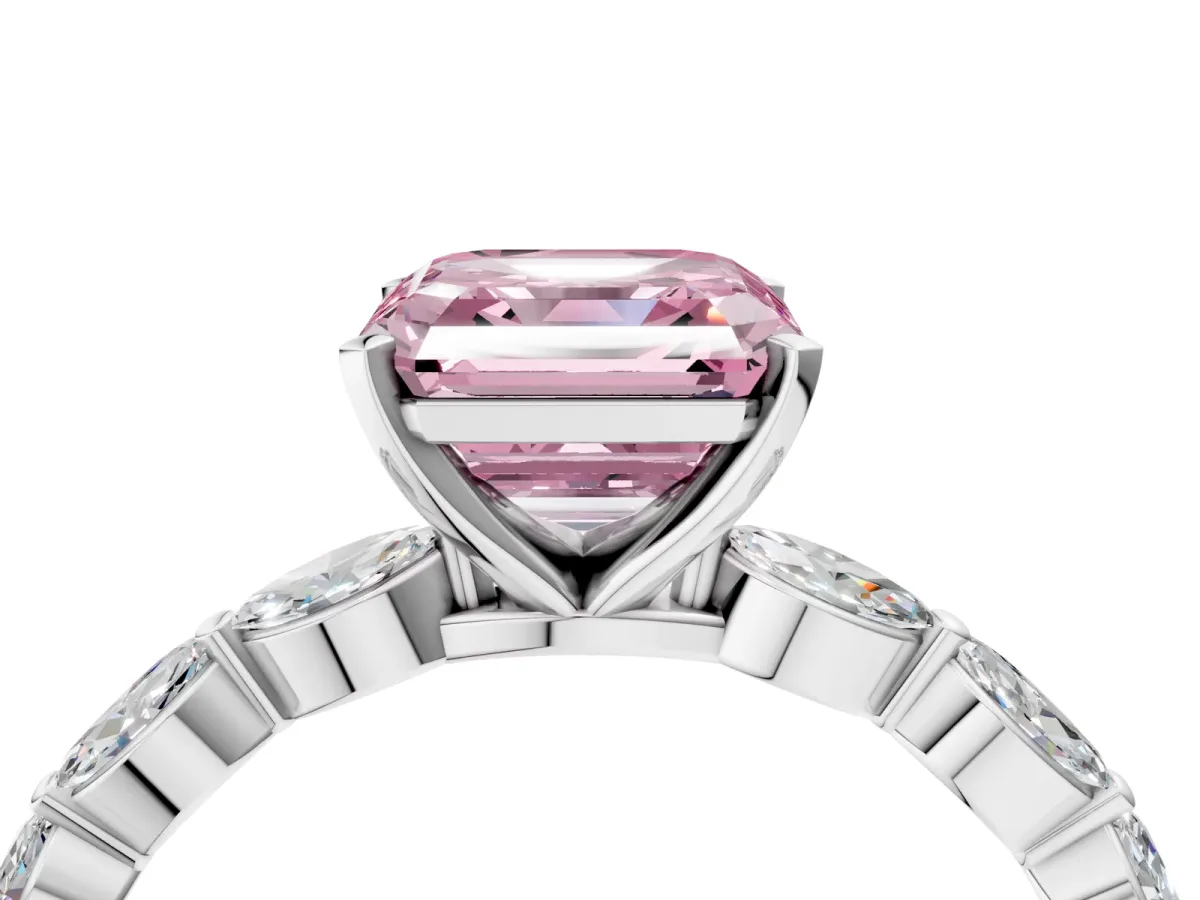Fancy Pink Asscher Cut Diamond Ring with Marquise Side Stones and Prong Setting Platinum