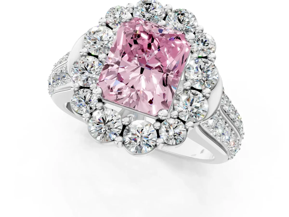 Fancy Pink Radiant Cut Halo Diamond Engagement Ring with Split Shank and Prong Setting Platinum