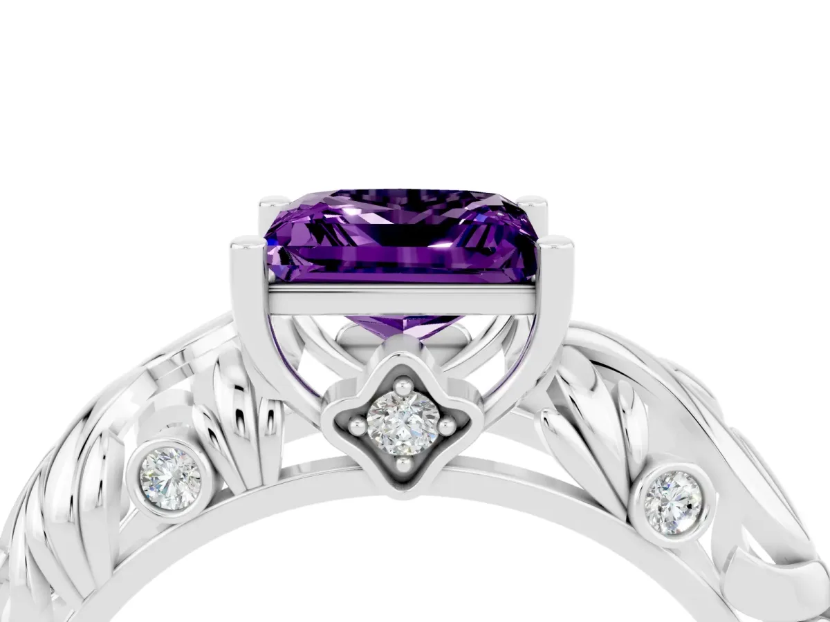 Princess Cut Solitaire Amethyst Leaf-Inspired Vine Band Ring with Prong Setting White gold