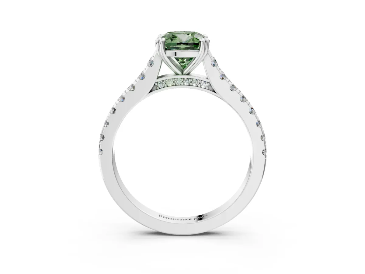 Fancy Green Cushion Cut Solitaire Pave Diamond Engagement Ring with Prong Setting White gold