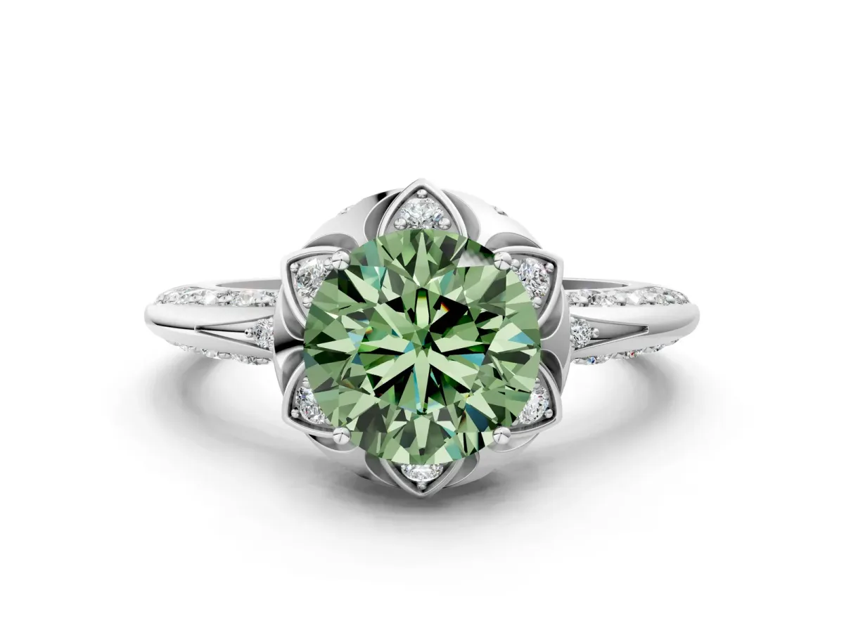 Fancy Green Round Cut Halo Split Shank Pave Diamond Ring with Petal Prong Setting Platinum