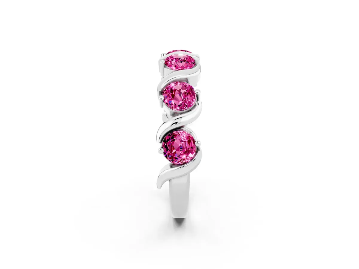 Round Pink Sapphire Half Eternity Band with Wave Prong Setting White gold