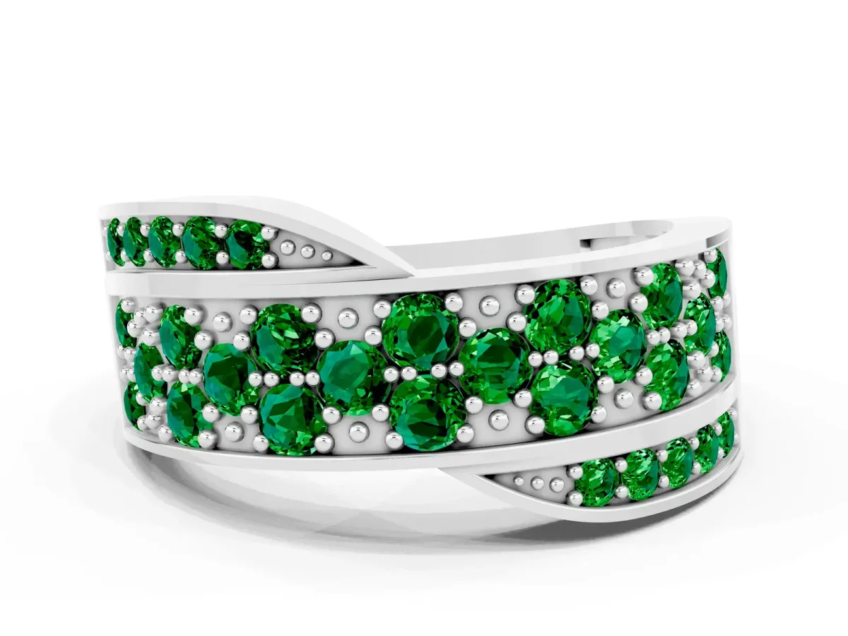 Pavé Round Emerald Crossover Band with Bead Prong Setting White gold