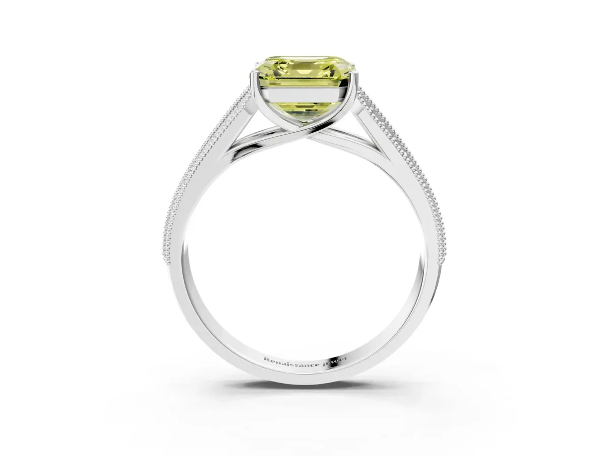 Fancy Yellow Asscher Cut Cut Pave Split Shank Engagement Ring with Four-Prong Setting Platinum