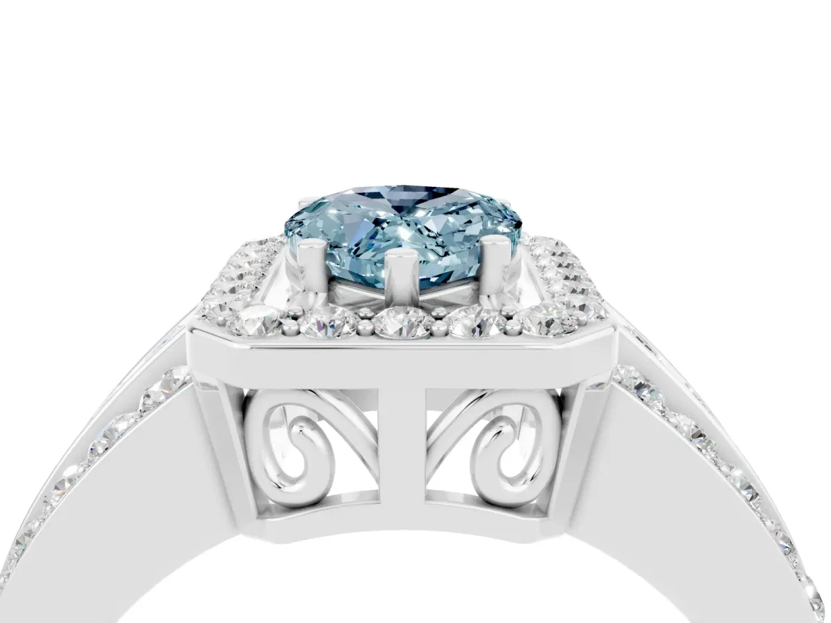 Pear Cut Halo Aquamarine Ring with Round Split Shank and Prong Setting Platinum