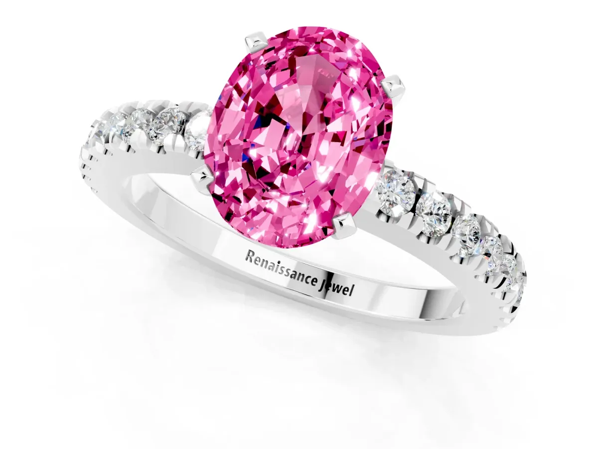 Oval Cut Solitaire Pink Sapphire with Pavé Band and Four-Prong Setting Silver