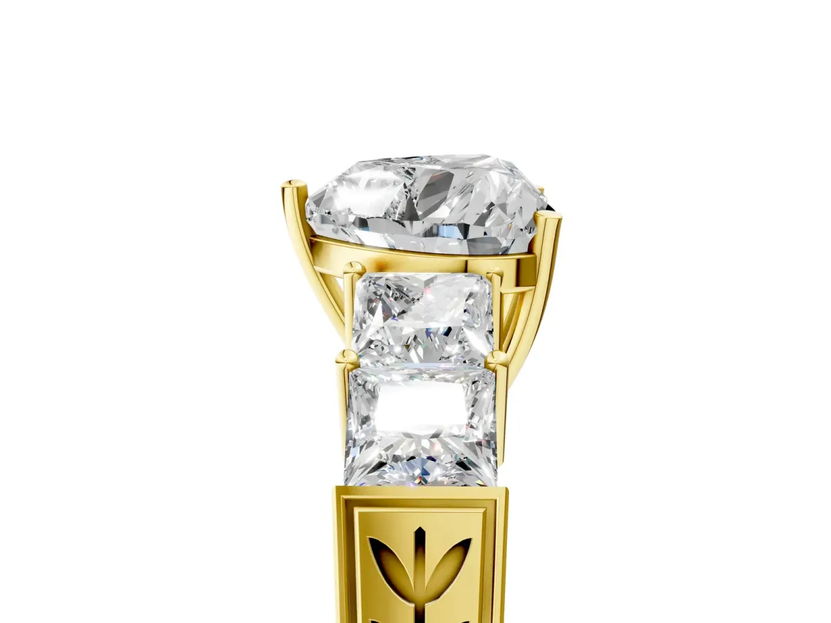 Heart Cut Solitaire Princess Side Stone Engraved Band Prong Setting Ring Yellow gold