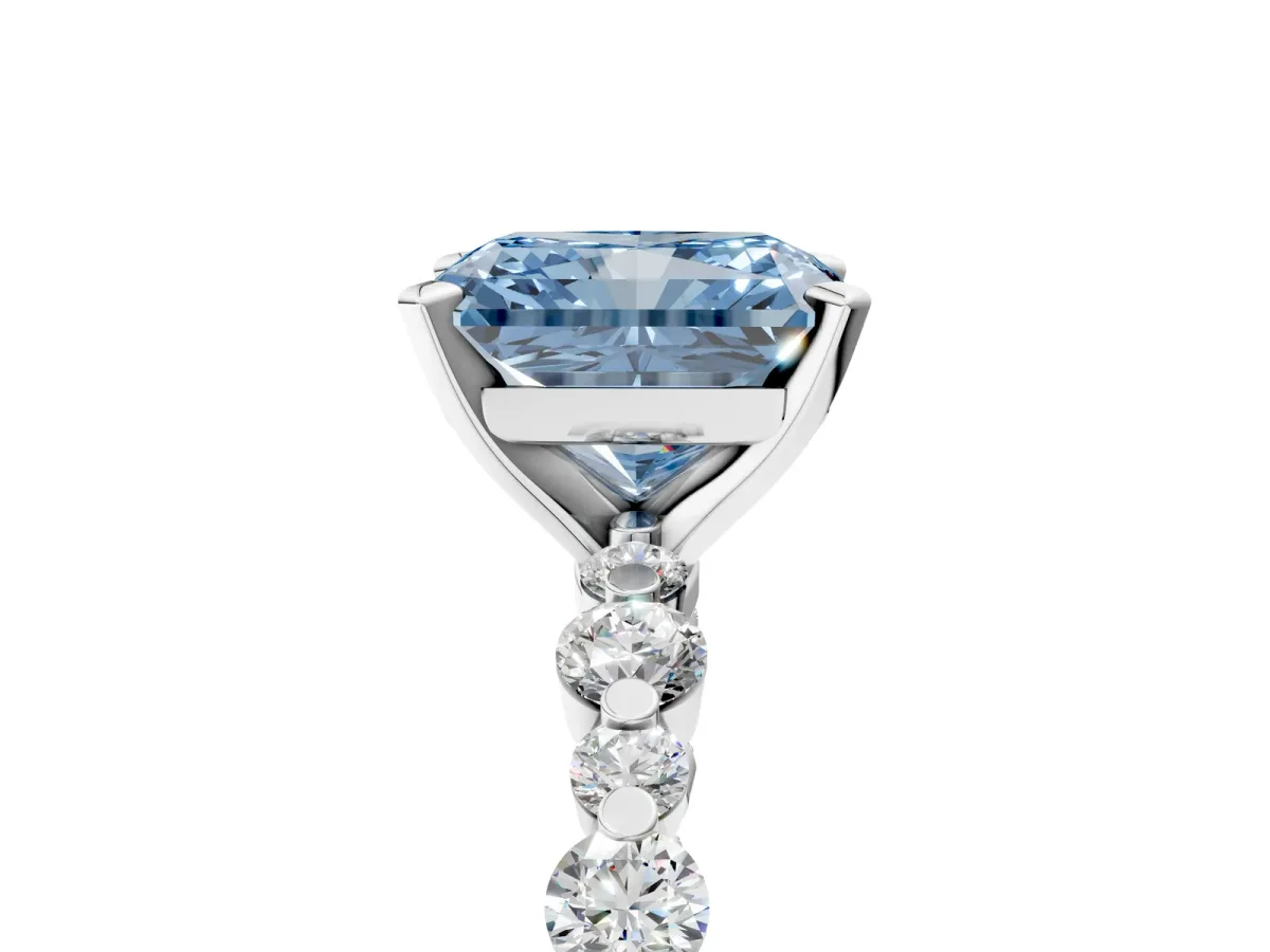 Fancy Blue Radiant Cut Diamond Prong Set Engagement Ring with Pavé Band Platinum