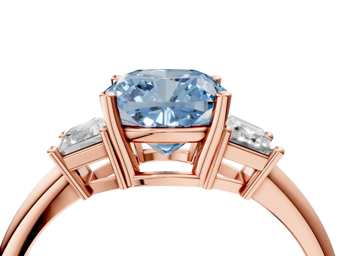 Fancy Blue Cushion Cut Diamond Three-Stone Ring with Trapezoid Side Stones and Prong Setting Rose gold
