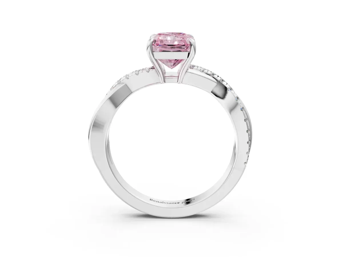 Fancy Pink Radiant Cut Cut Diamond Twisted Band with Pavé Setting and Four-Prong Setting Platinum
