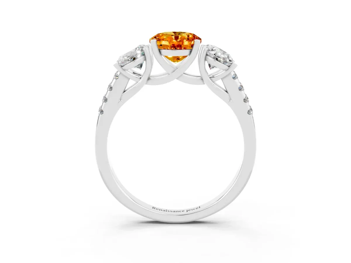 Three-Stone Oval Cut Citrine Ring with Round Pavé Band and Prong Setting Platinum